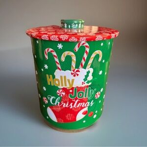Lindy Bowman Collectible Cookie Canister, Holiday Gift Tin HOLLY JOLLY CHRISTMAS